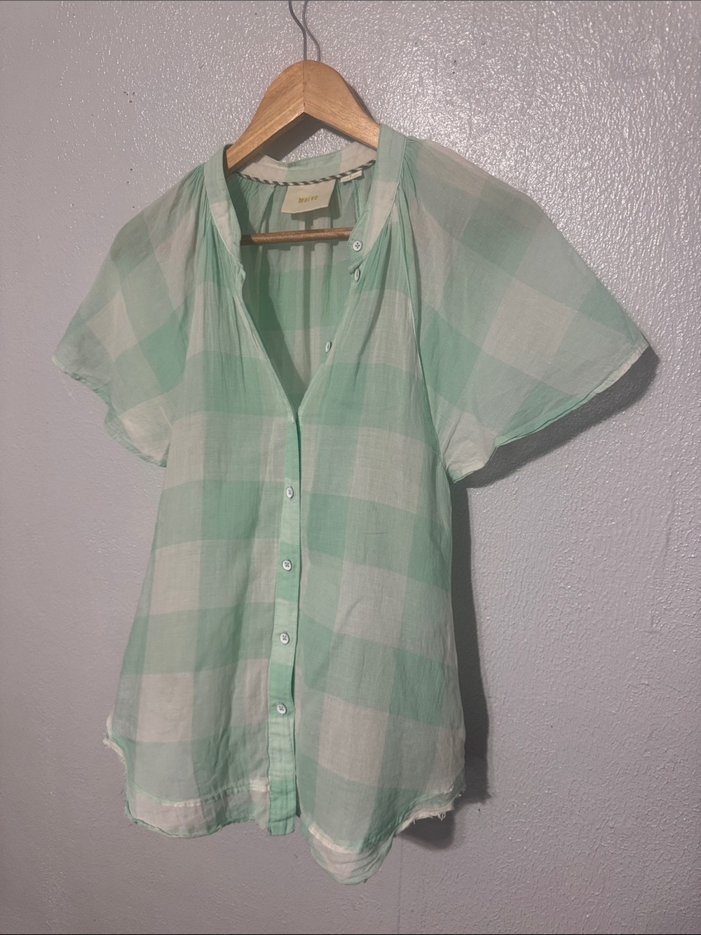 Anthropologie Maeve Gingham Flutter Top Mint Green White Size S